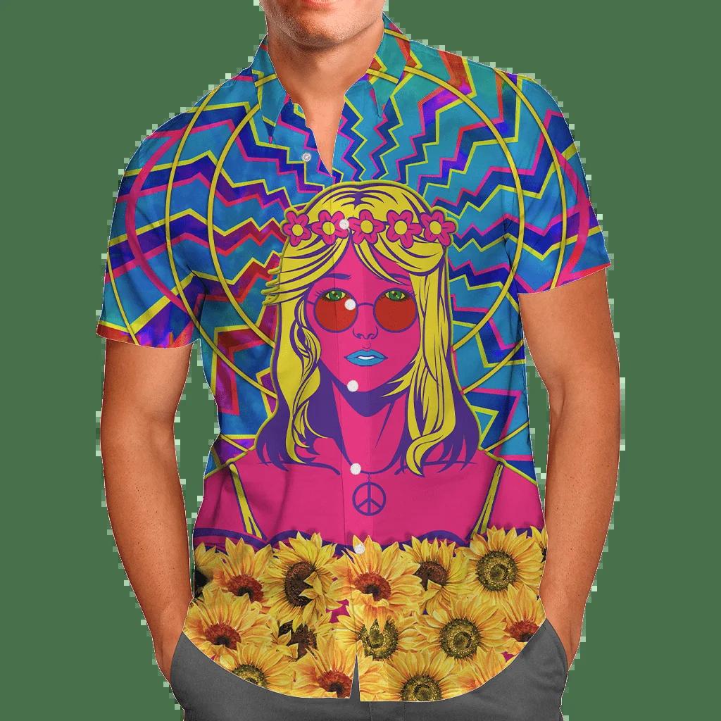 Hippie Girl With Sunflower Shirt 3D Hawaiian Shirt      ,   2023 Oversized 5XL  ȹ